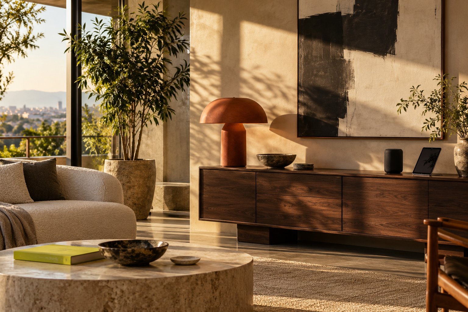 A sunlit modern living space with thoughtful design and discreet smart technology